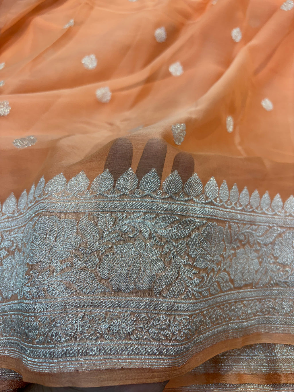Pure khaddi chiffon saree in coral orange colour