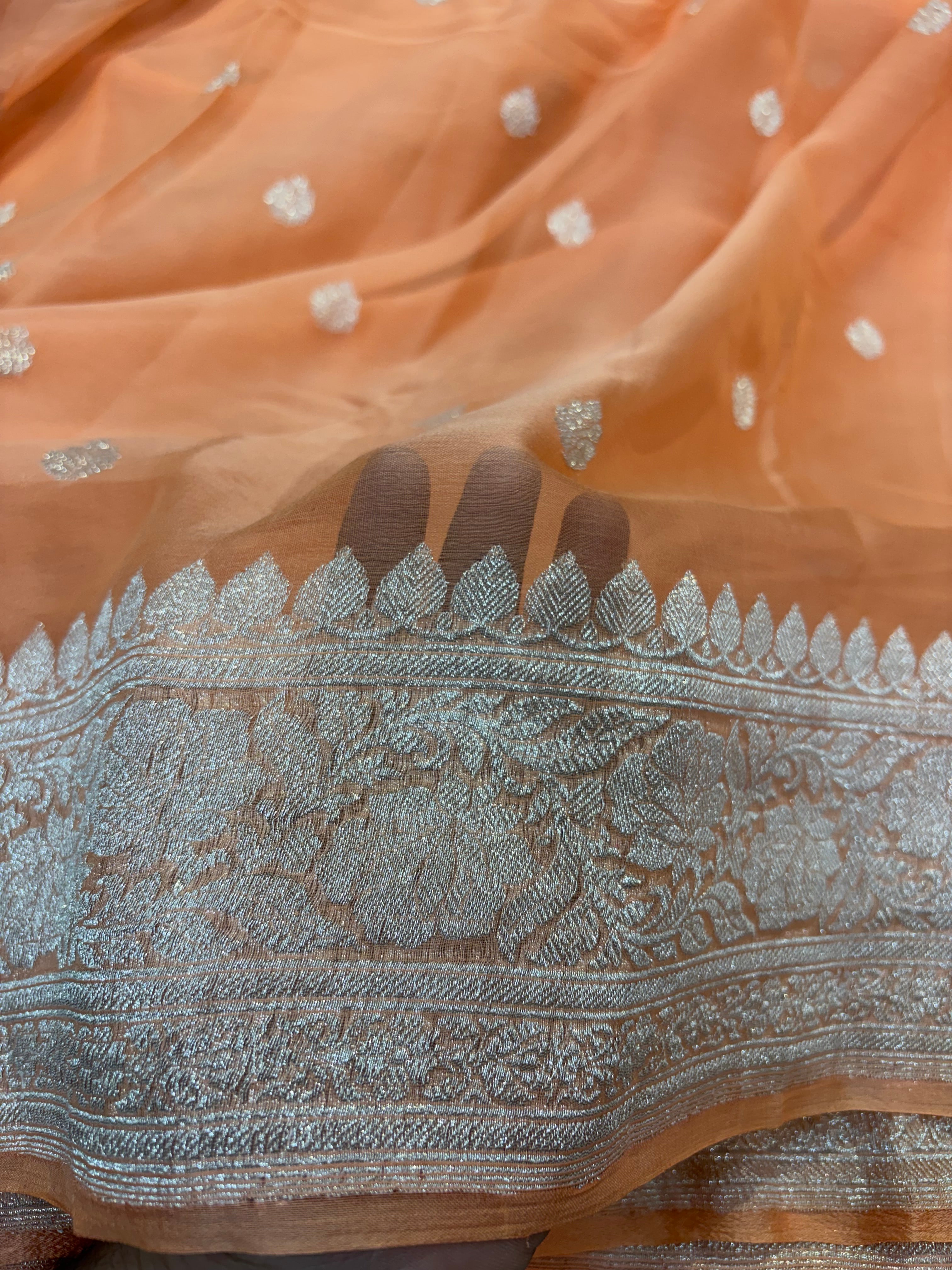 Pure khaddi chiffon saree in coral orange colour