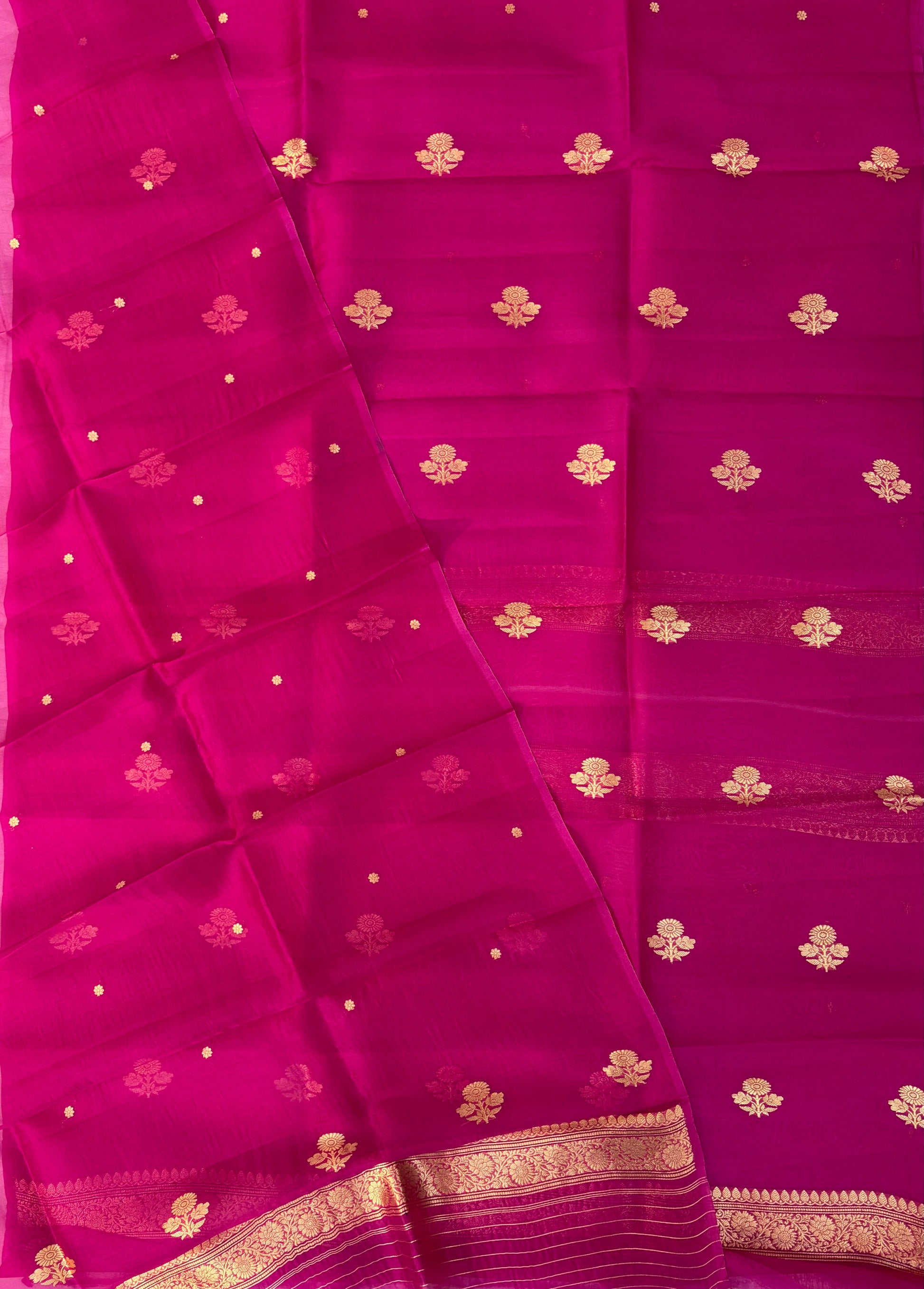 Pure Handloom Kora silk suit set in Rani pink colour