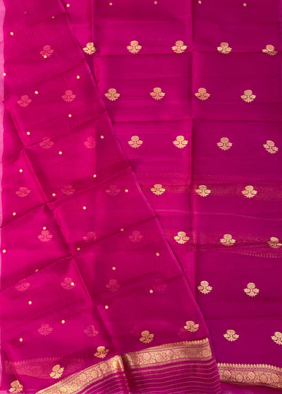 Pure Handloom Kora silk suit set in Rani pink colour