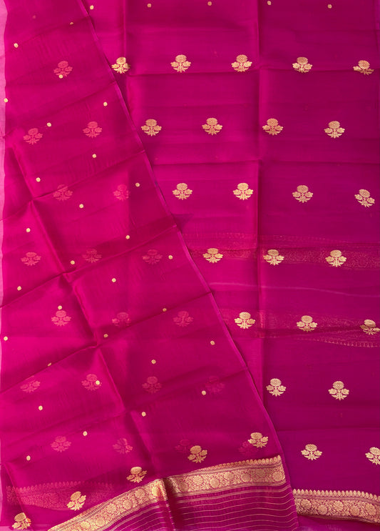 Pure Handloom Kora silk suit set in Rani pink colour