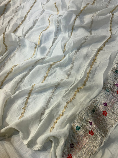 Pure handwoven meenakari khaddi chiffon saree in white colour