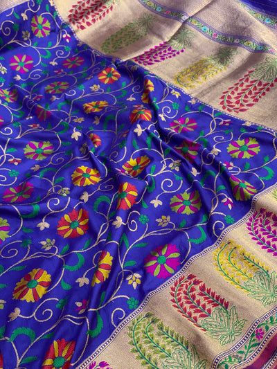 Royal blue pure handloom katan Banarasi silk saree with multi meena jaal & paithani muniya border