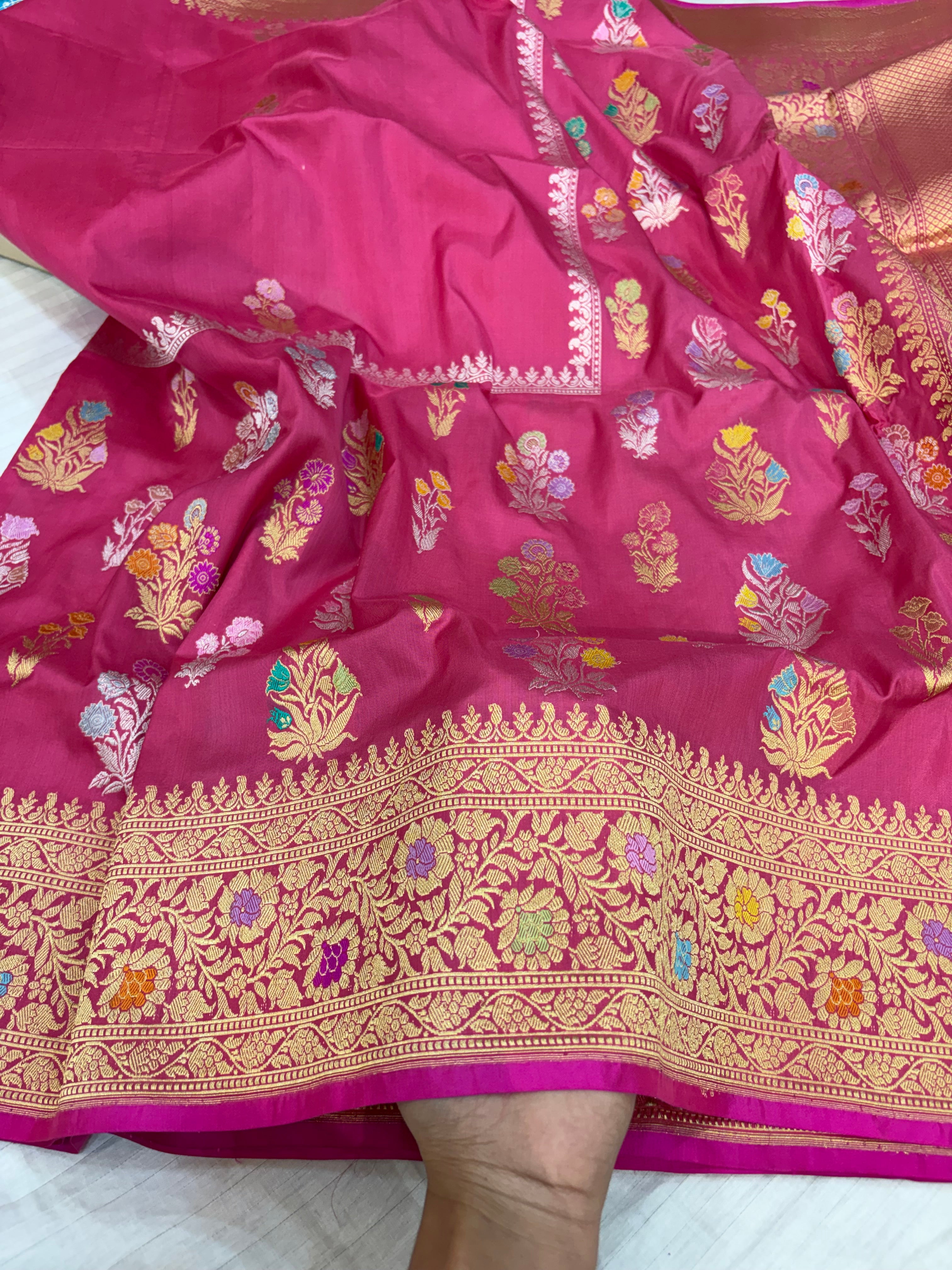 Pure katan silk saree in hot pink colour with multiple meenakari work