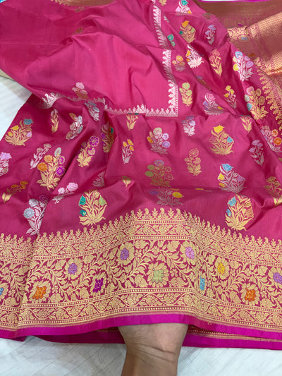 Pure katan silk saree in hot pink colour with multiple meenakari work
