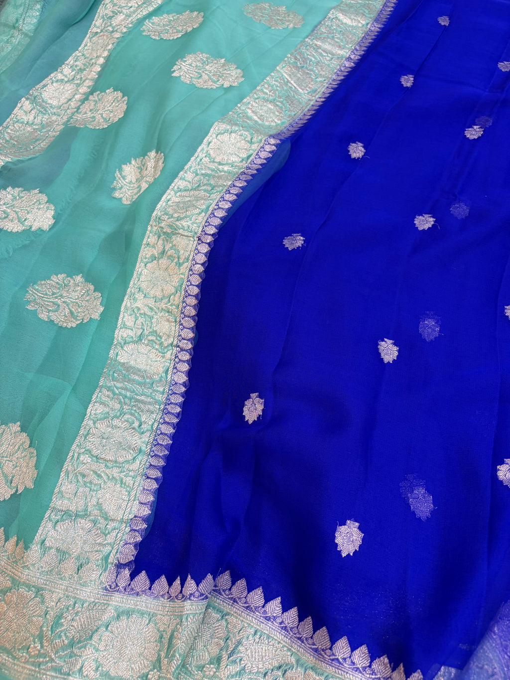 Pure khaddi chiffon saree in Royal blue and sea green colour
