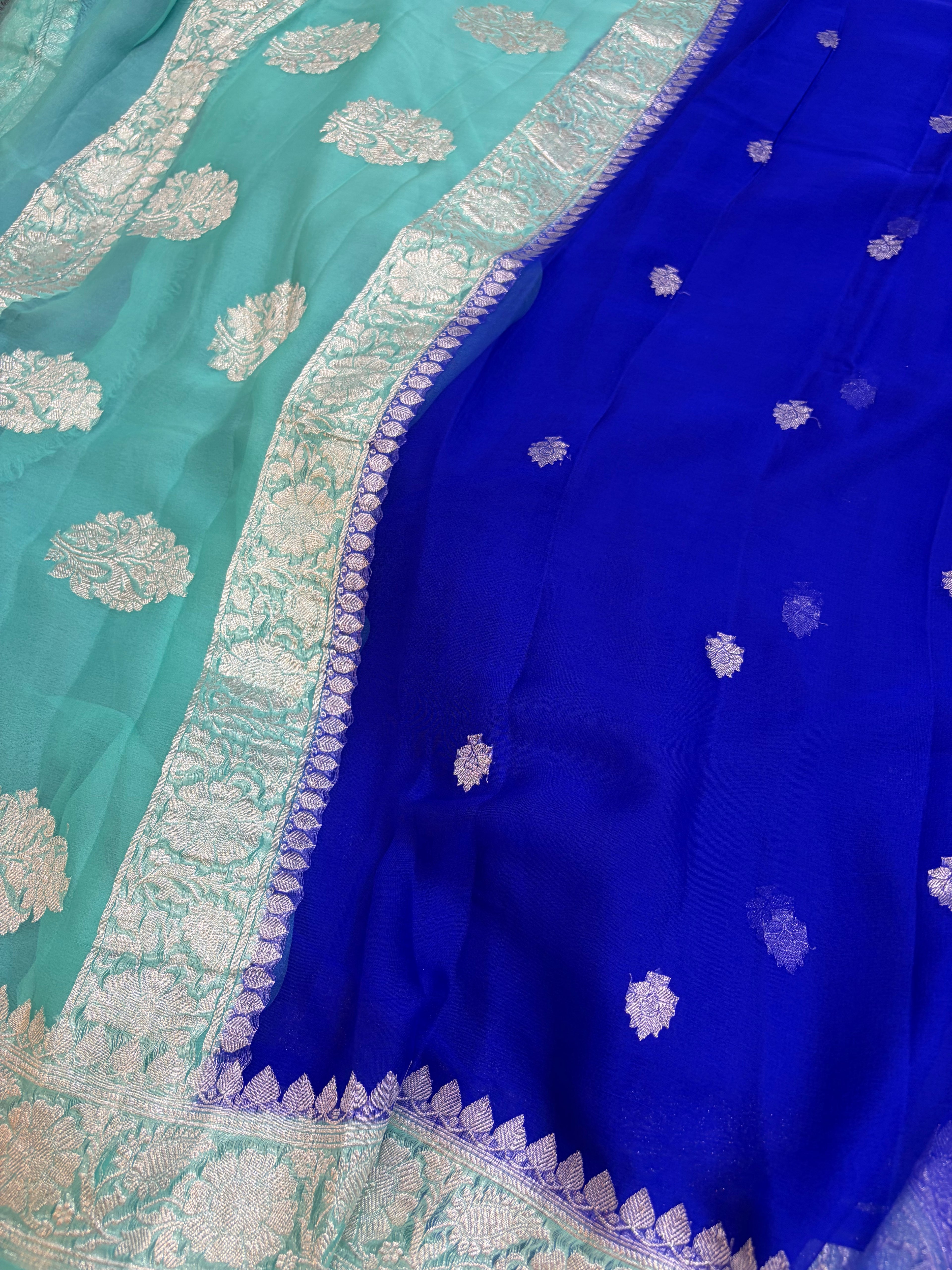 Pure khaddi chiffon saree in Royal blue and sea green colour
