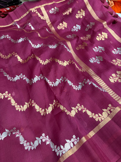 Pure handloom organza silk saree in wine colour