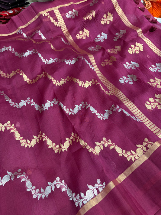 Pure handloom organza silk saree in wine colour