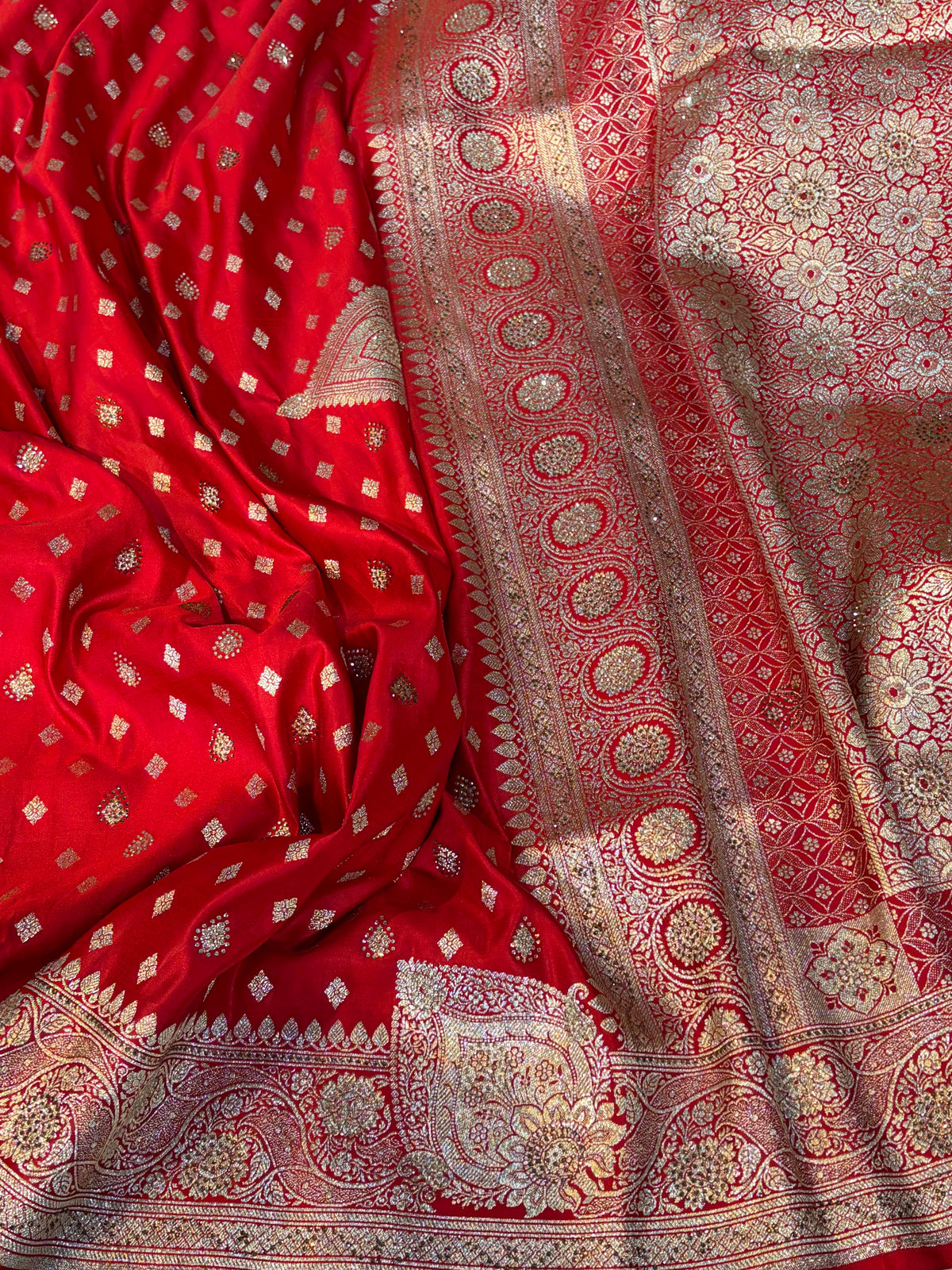 Bridal Banarasi satin Katan silk sarees in blood red colour with all over Swarovski work