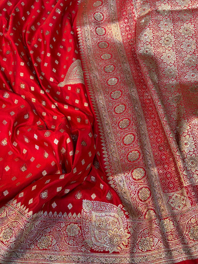 Bridal Banarasi satin Katan silk sarees in blood red colour with all over Swarovski work
