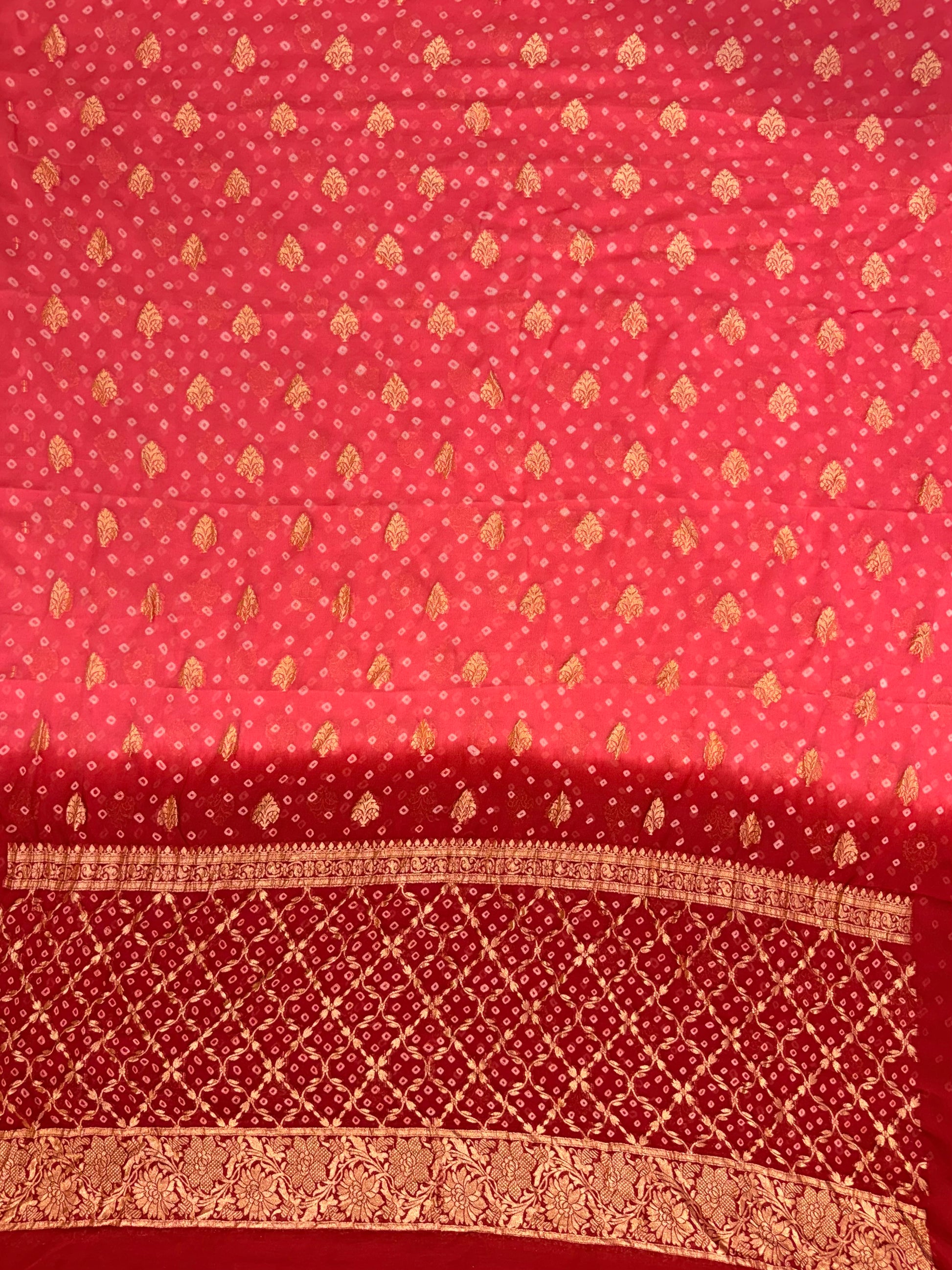 Pure georgette bandhani suit in peach with maroon red colour