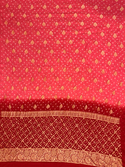 Pure georgette bandhani suit in peach with maroon red colour