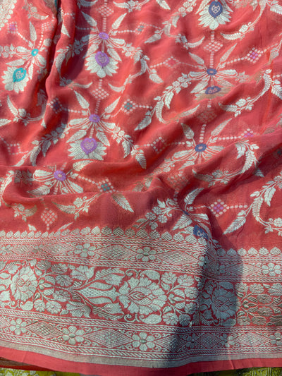 Premium Pure georgette silk sarees in beautiful peach orange colour with all over Meena work