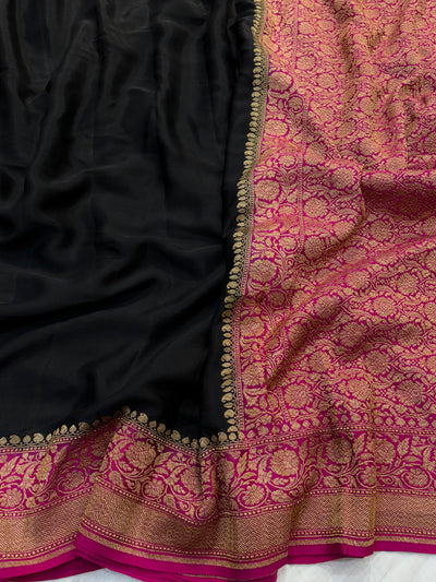 Pure khaddi crepe silk saree in black and Rani combination with pure antic zari work
