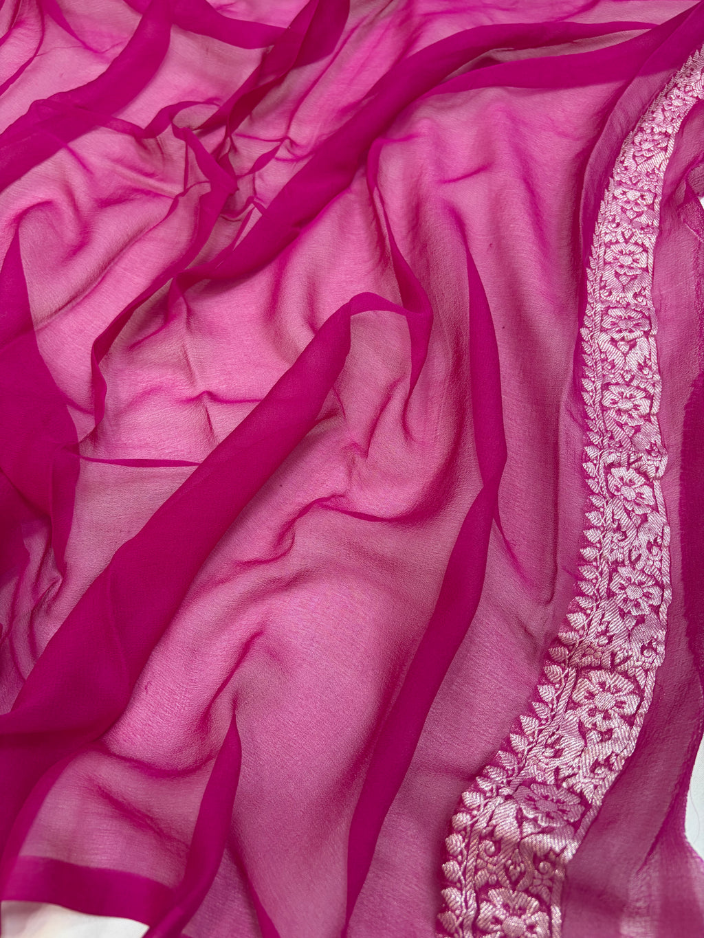 Pure khaddi chiffon saree in mustard with Rani colour