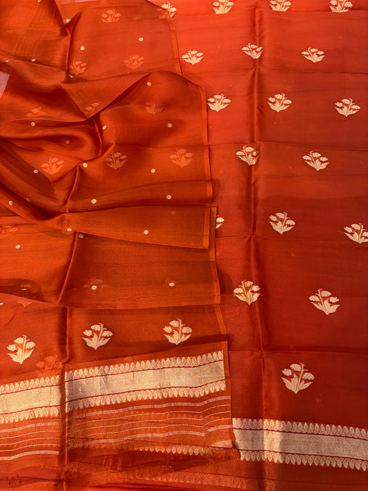 Pure Handloom Kora silk suit set in rust colour with meenakari work