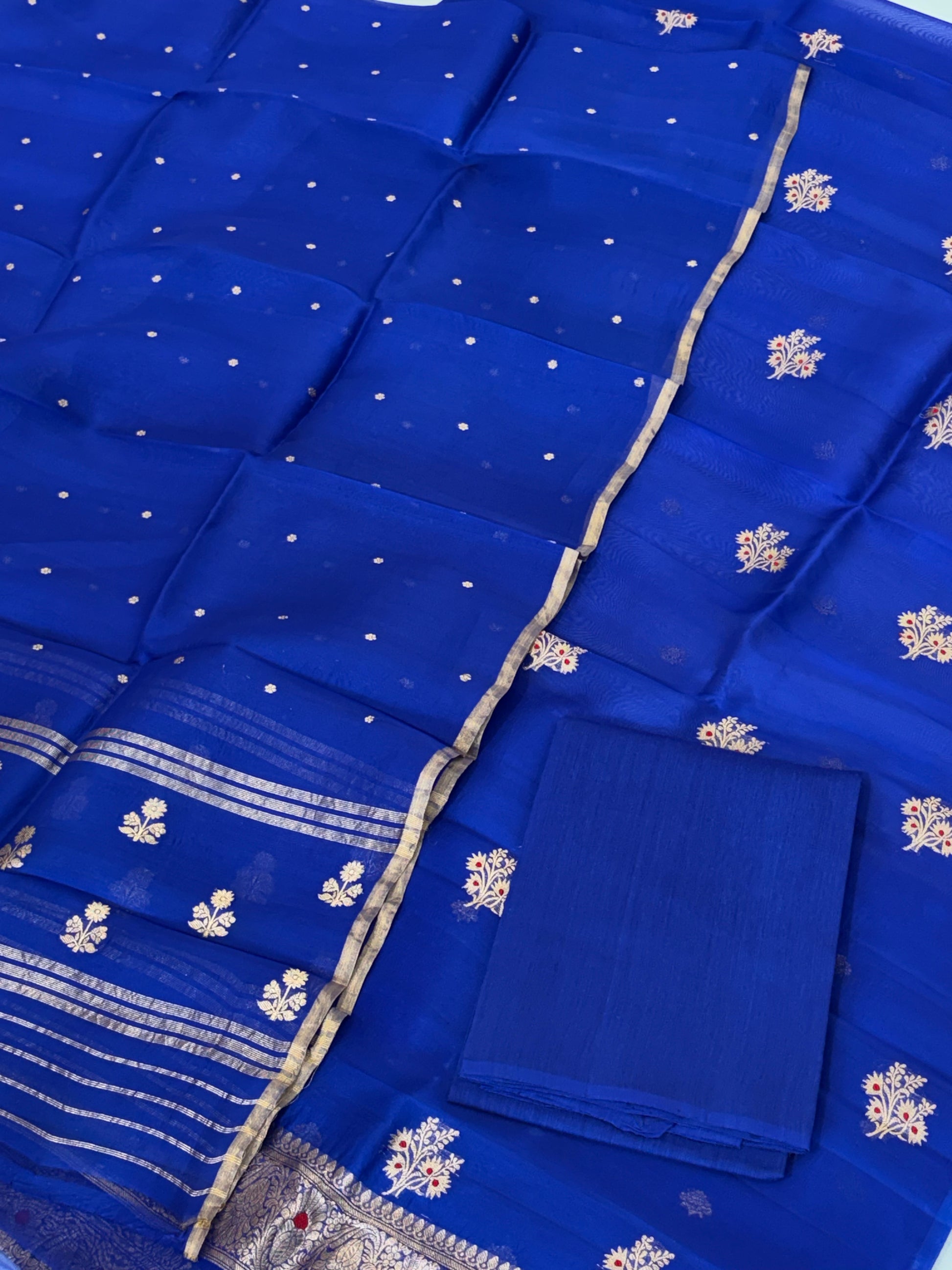 Pure Handloom Kora silk suit set in royal blue colour with meenakari work