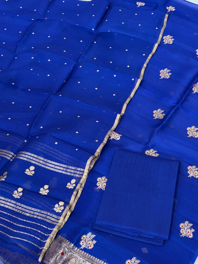 Pure Handloom Kora silk suit set in royal blue colour with meenakari work