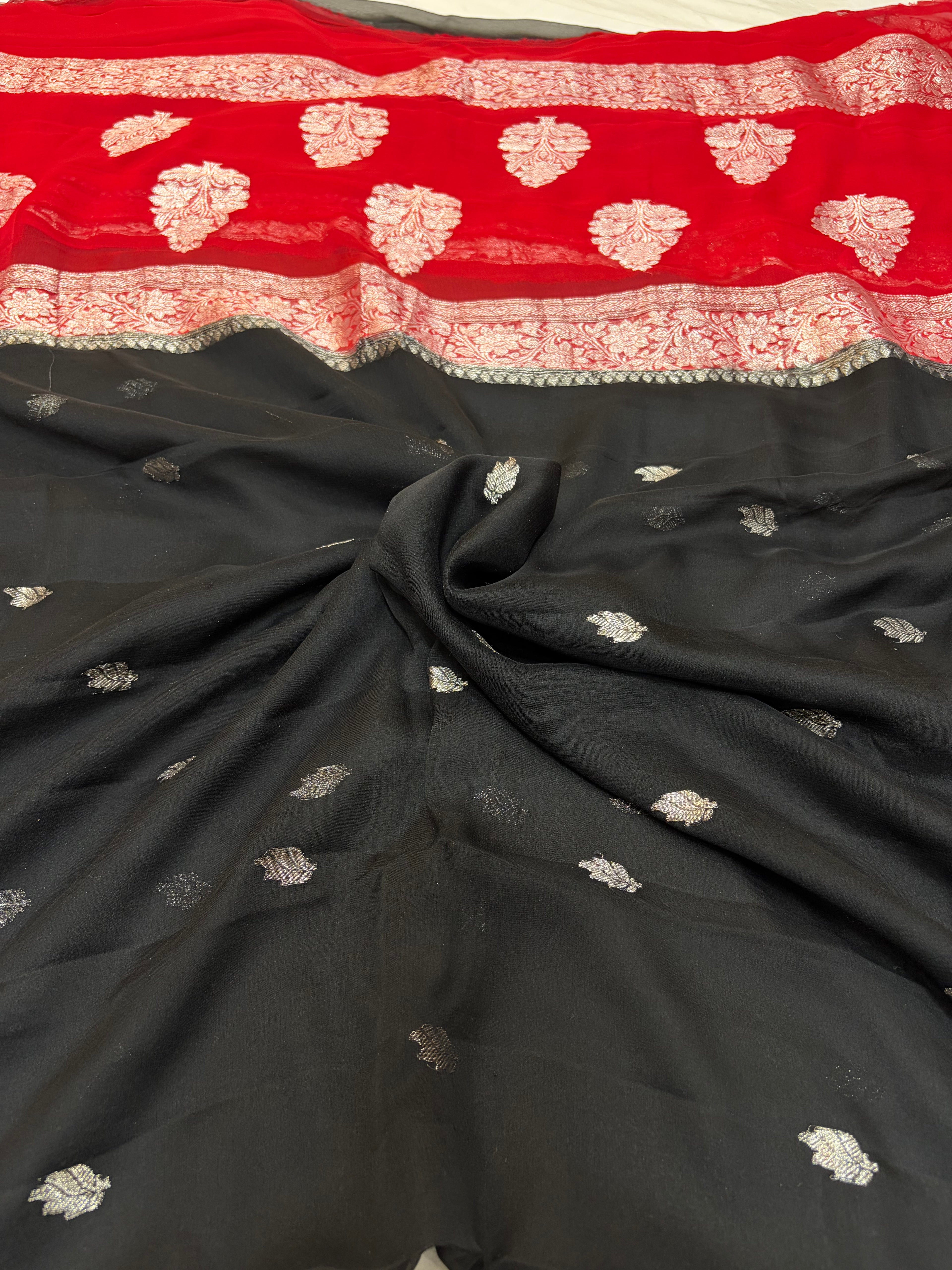 Pure khaddi chiffon saree in black & red colour