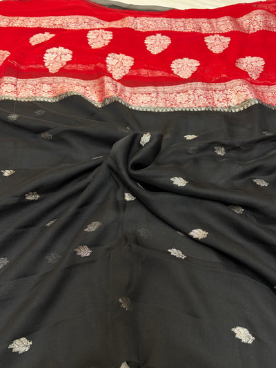 Pure khaddi chiffon saree in black & red colour