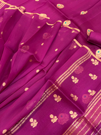 Pure Handloom Kora silk suit set in light Magenta colour with meenakari work