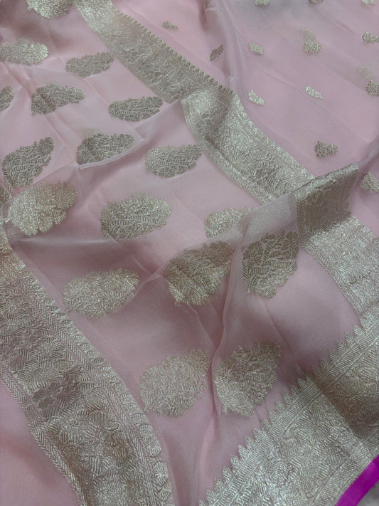 Pure khaddi chiffon saree in baby pink colour with Rani piping border