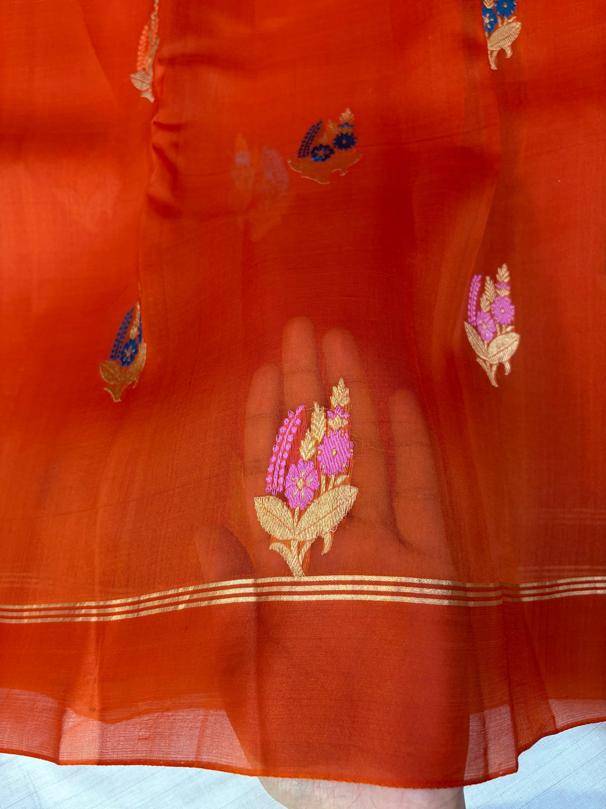 Pure handloom organza silk saree in rust orange  colour