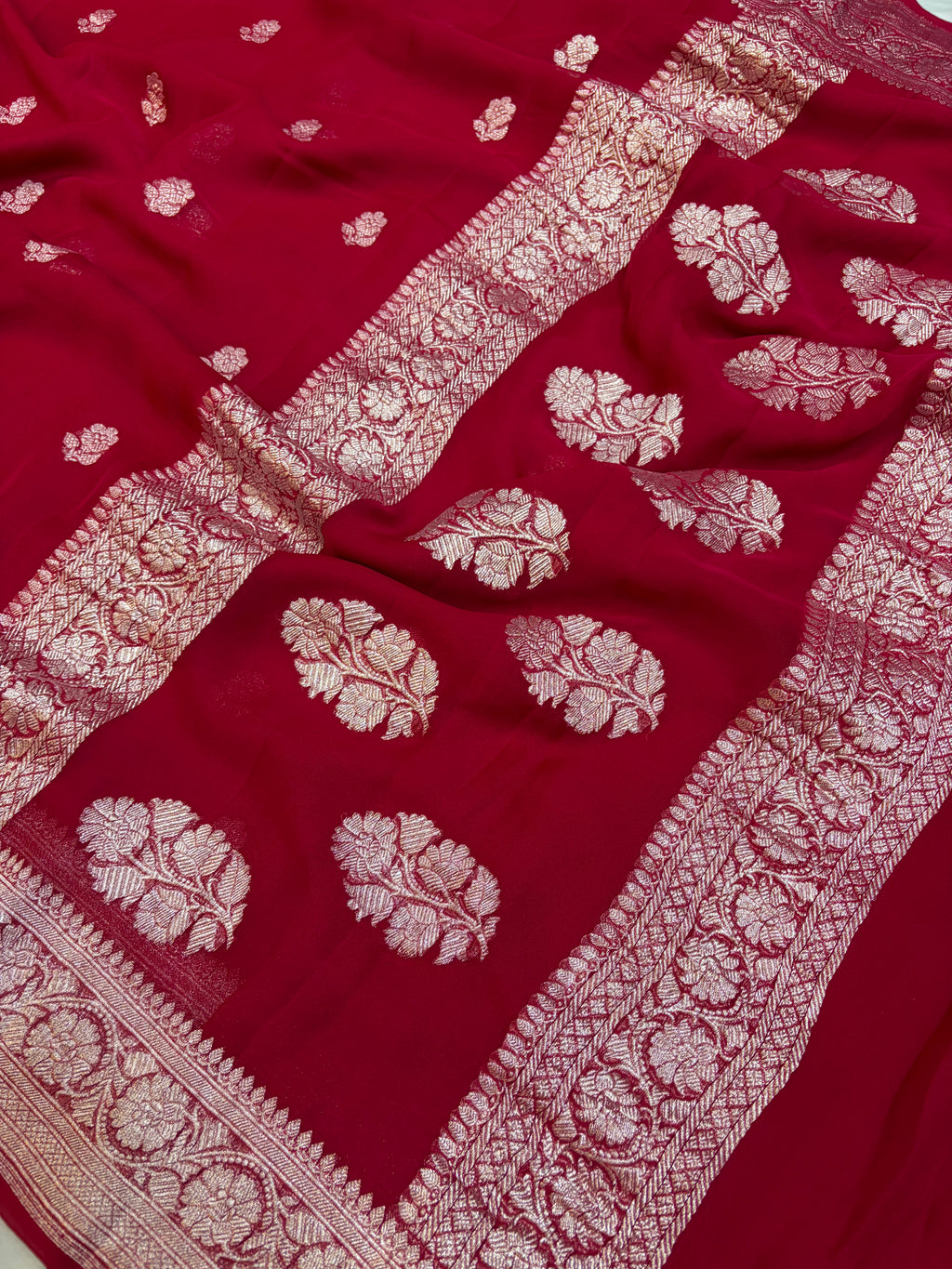Maroon Red pure Khaddi Chiffon Banarasi Zari Border Saree