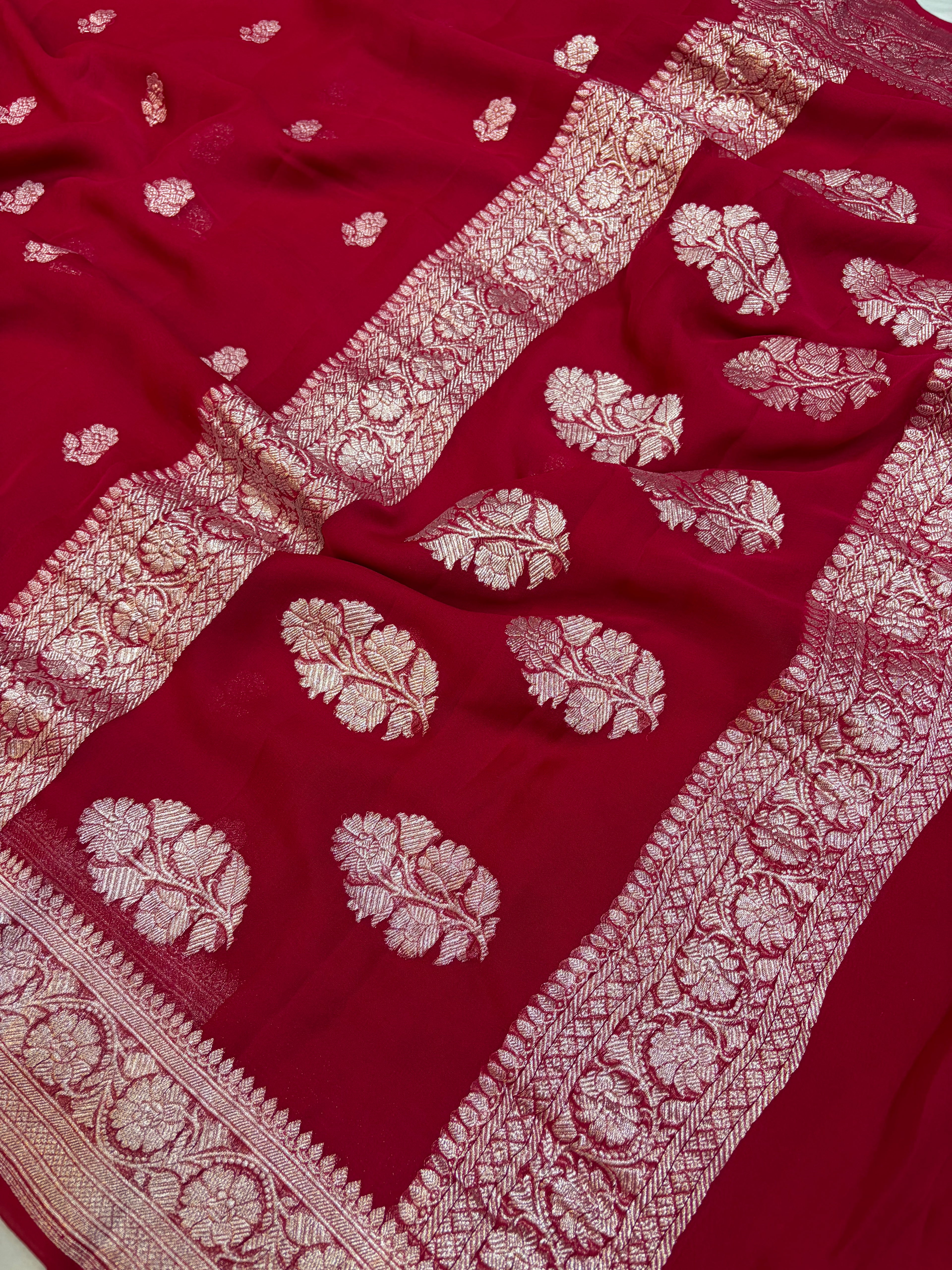 Maroon Red pure Khaddi Chiffon Banarasi Zari Border Saree