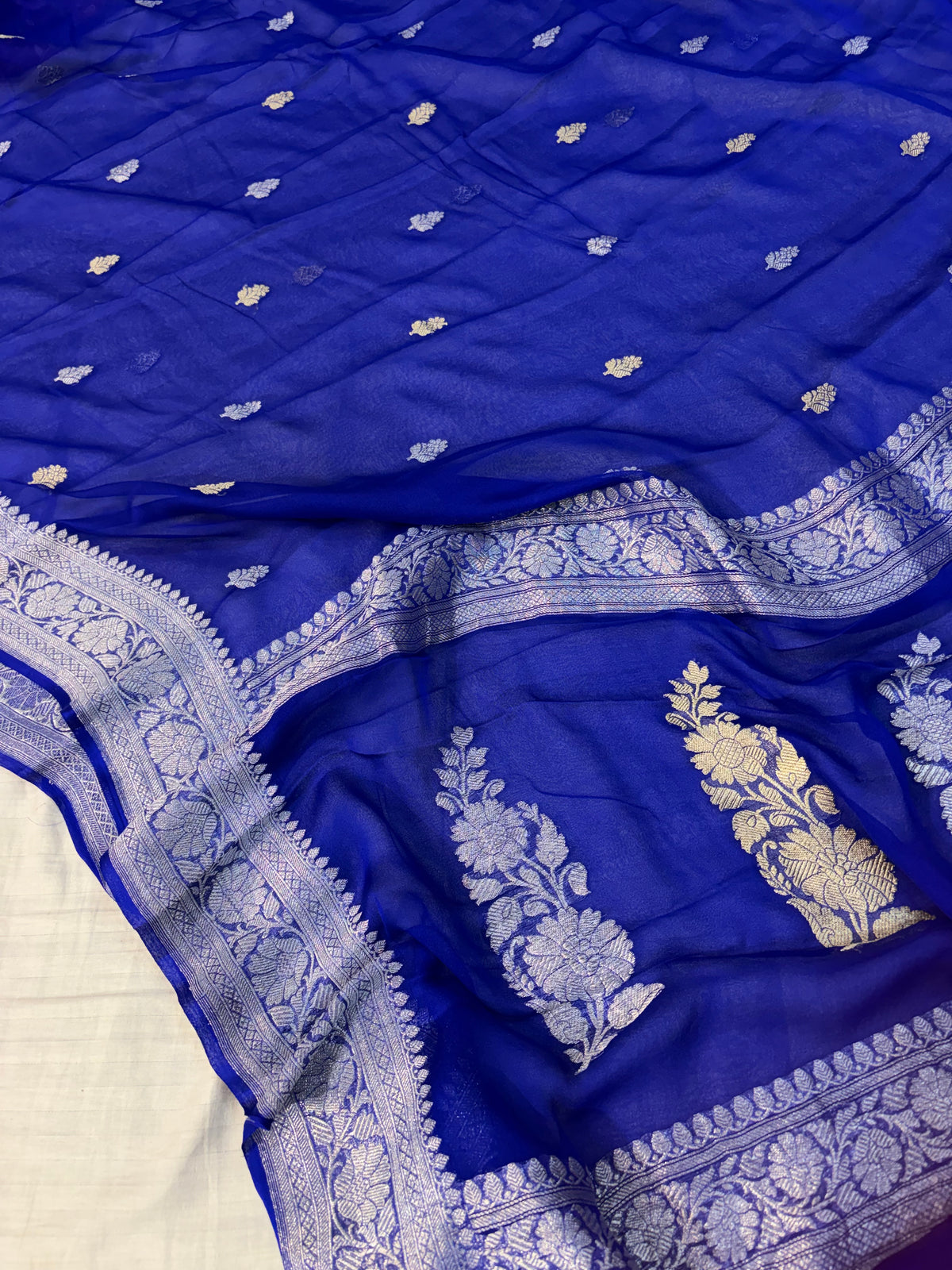 Pure handwoven khaddi chiffon saree royal blue colour