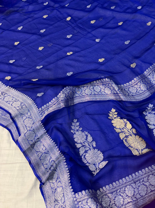 Pure handwoven khaddi chiffon saree royal blue colour