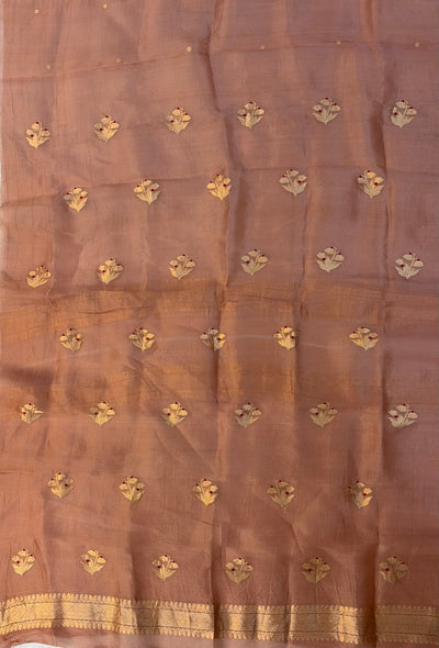 Pure Handloom Kora silk suit set in dusty rose colour with meenakari work