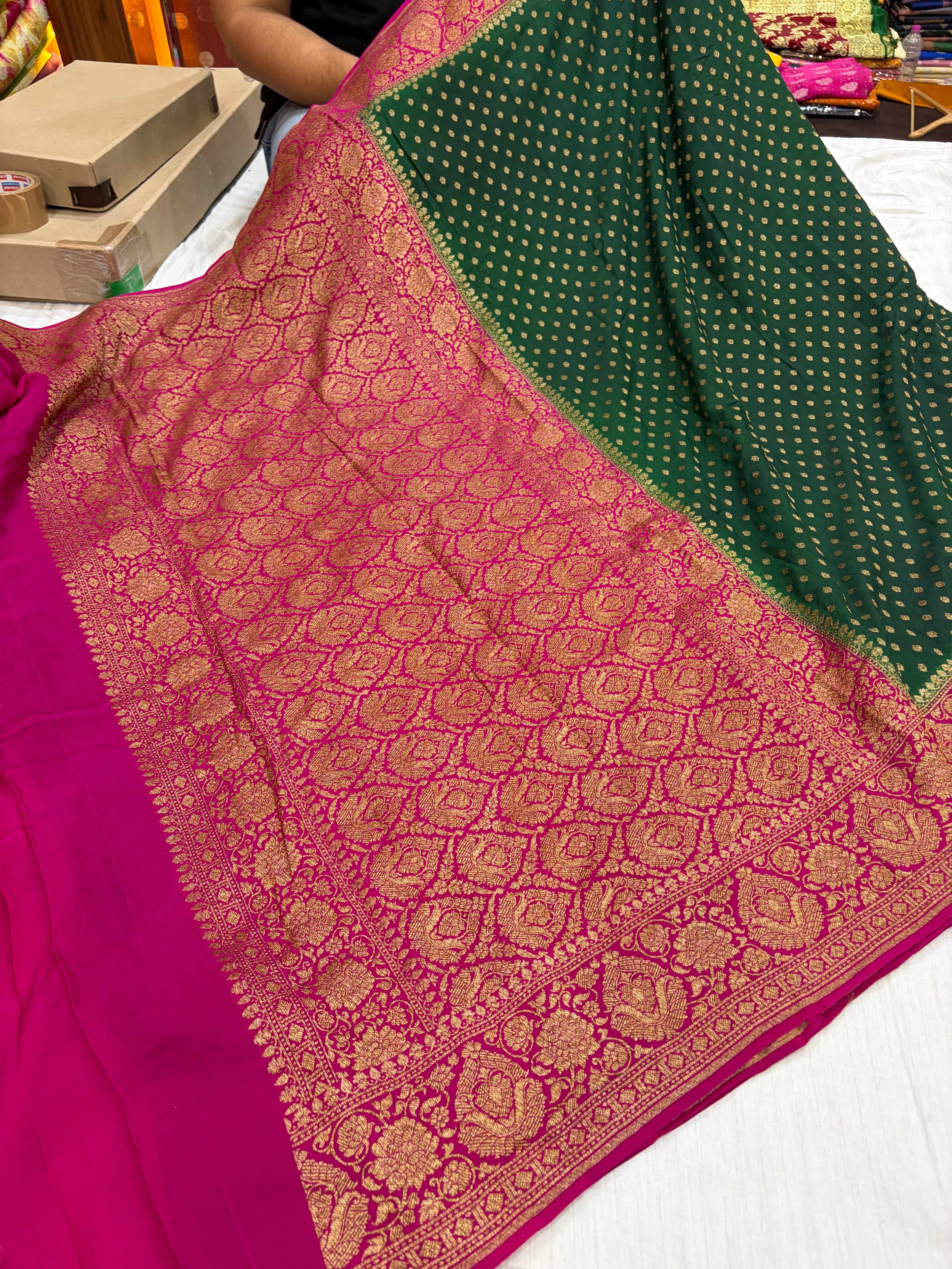 Pure khaddi crepe silk saree in bottle green with rani colour