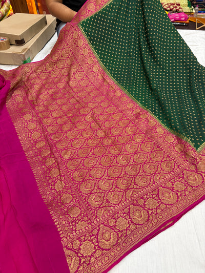 Pure khaddi crepe silk saree in bottle green with rani colour