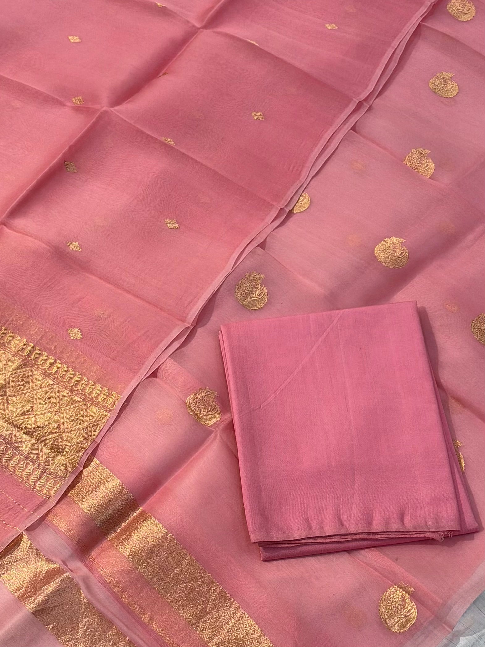 Pure Handloom Kora silk suit set in baby pink colour with meenakari work