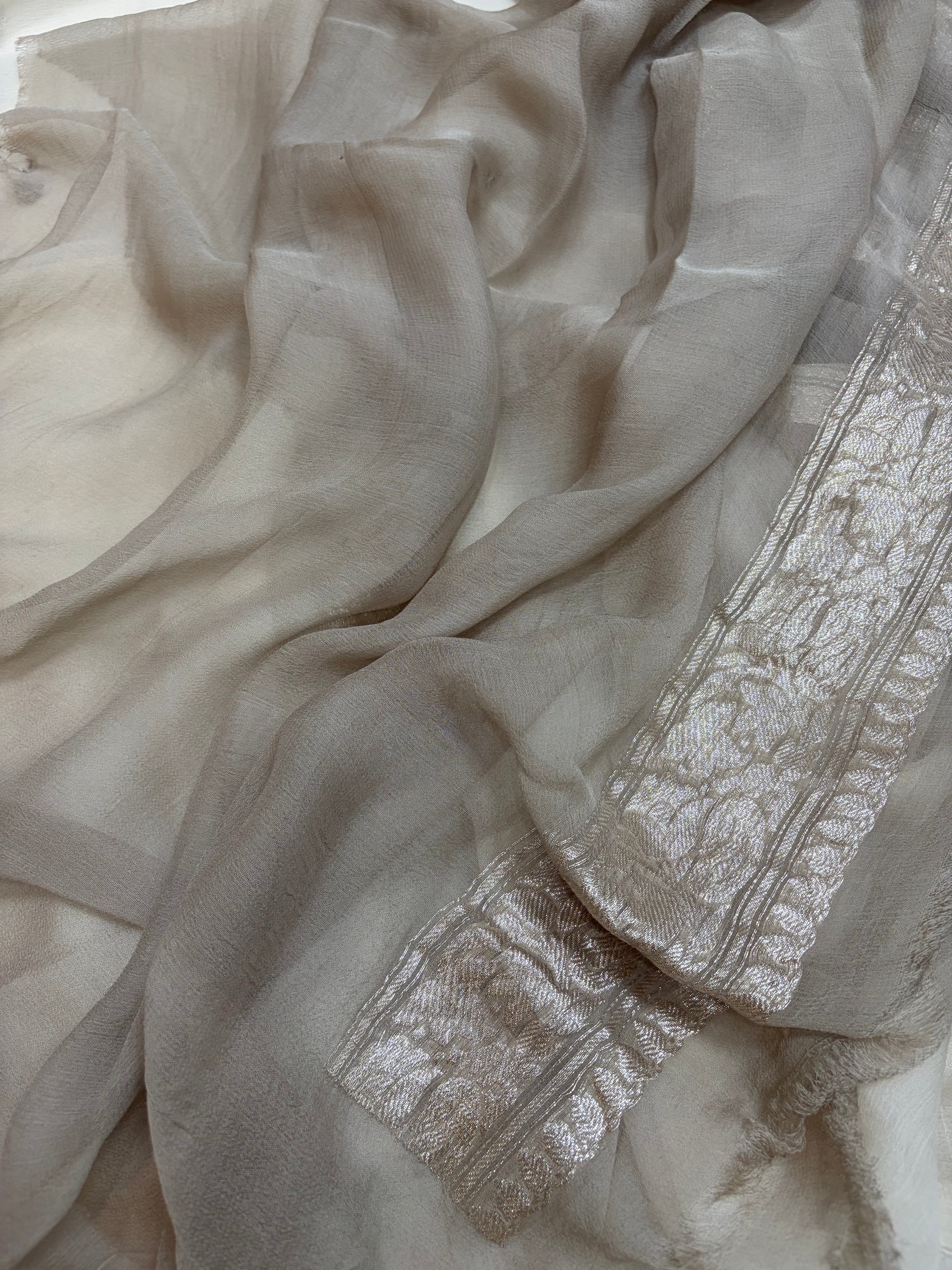 Pure khaddi chiffon double border saree in off white with grey colour