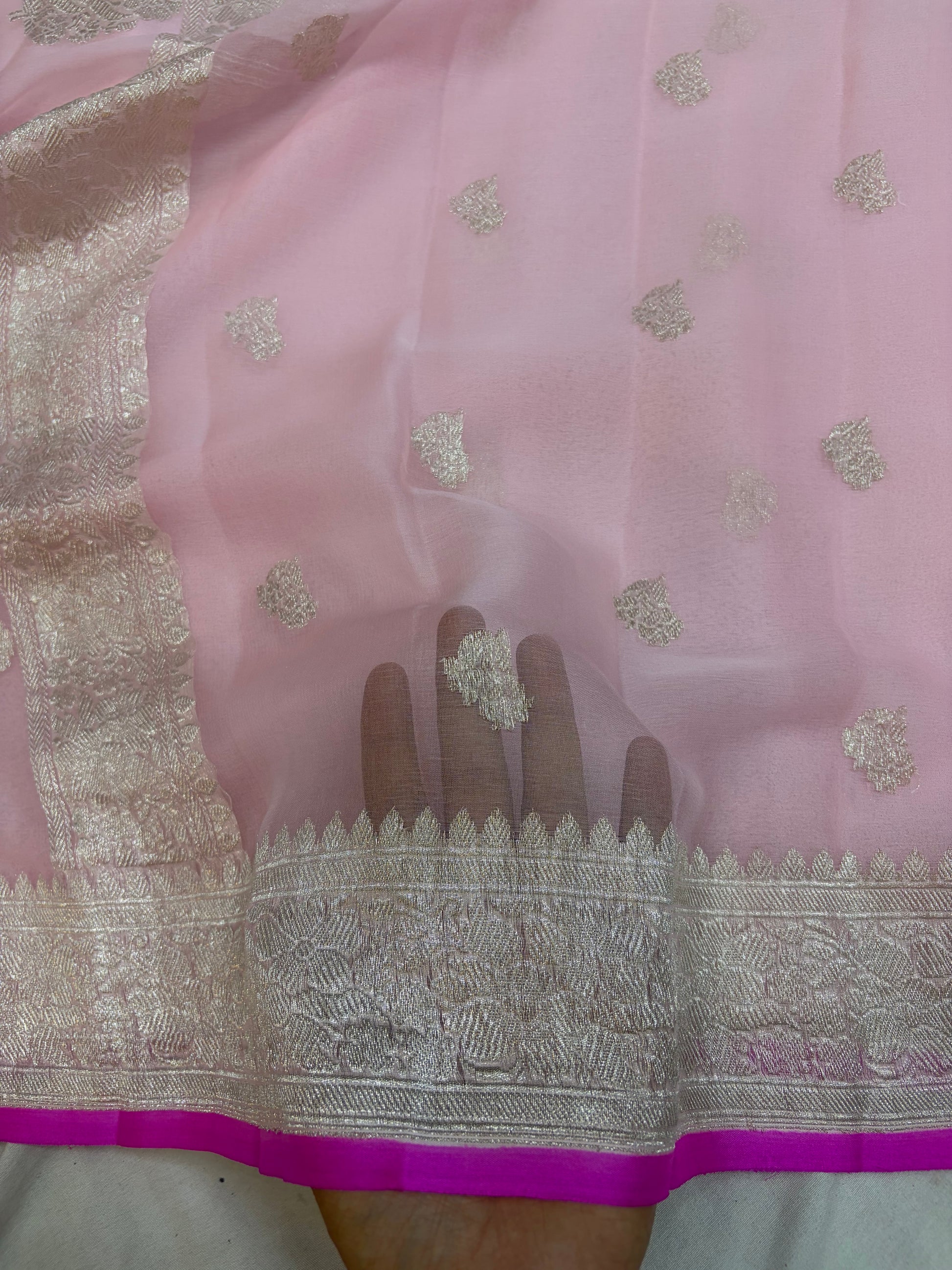 Pure khaddi chiffon saree in baby pink colour with Rani piping border