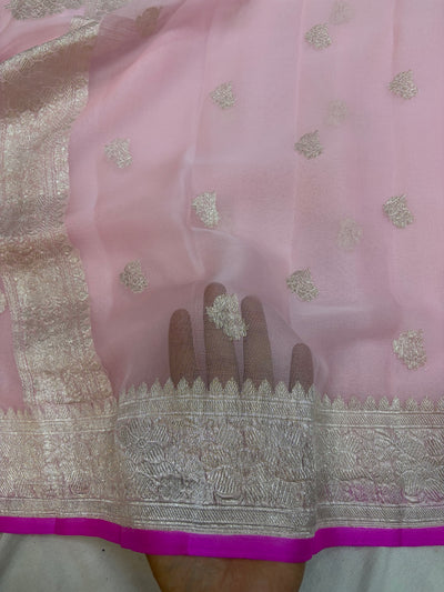Pure khaddi chiffon saree in baby pink colour with Rani piping border