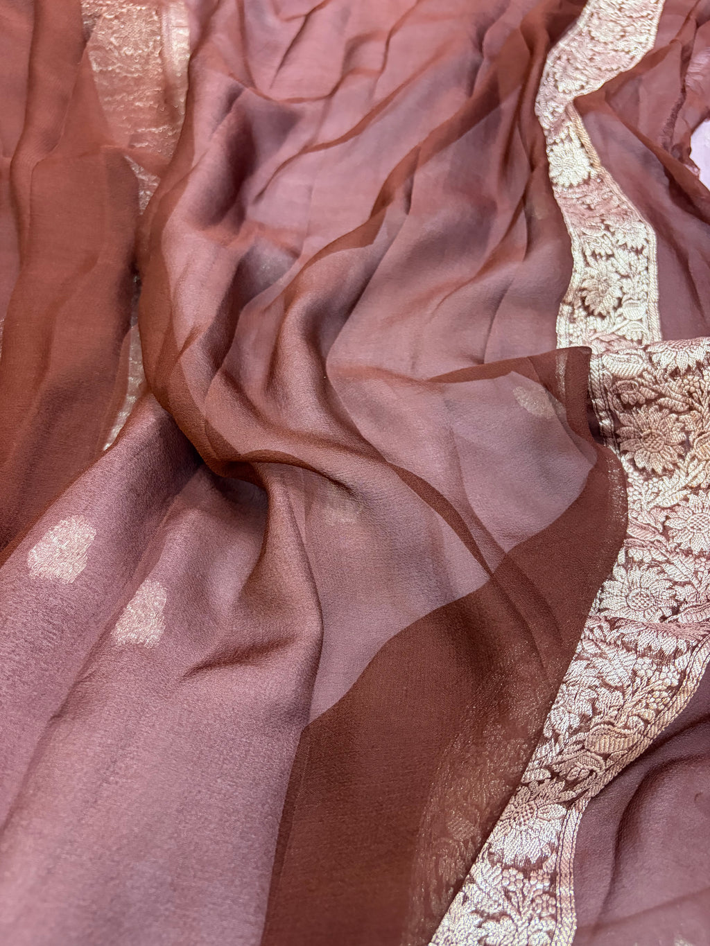 Pure khaddi chiffon saree in dark tea rose with chocolate brown colour