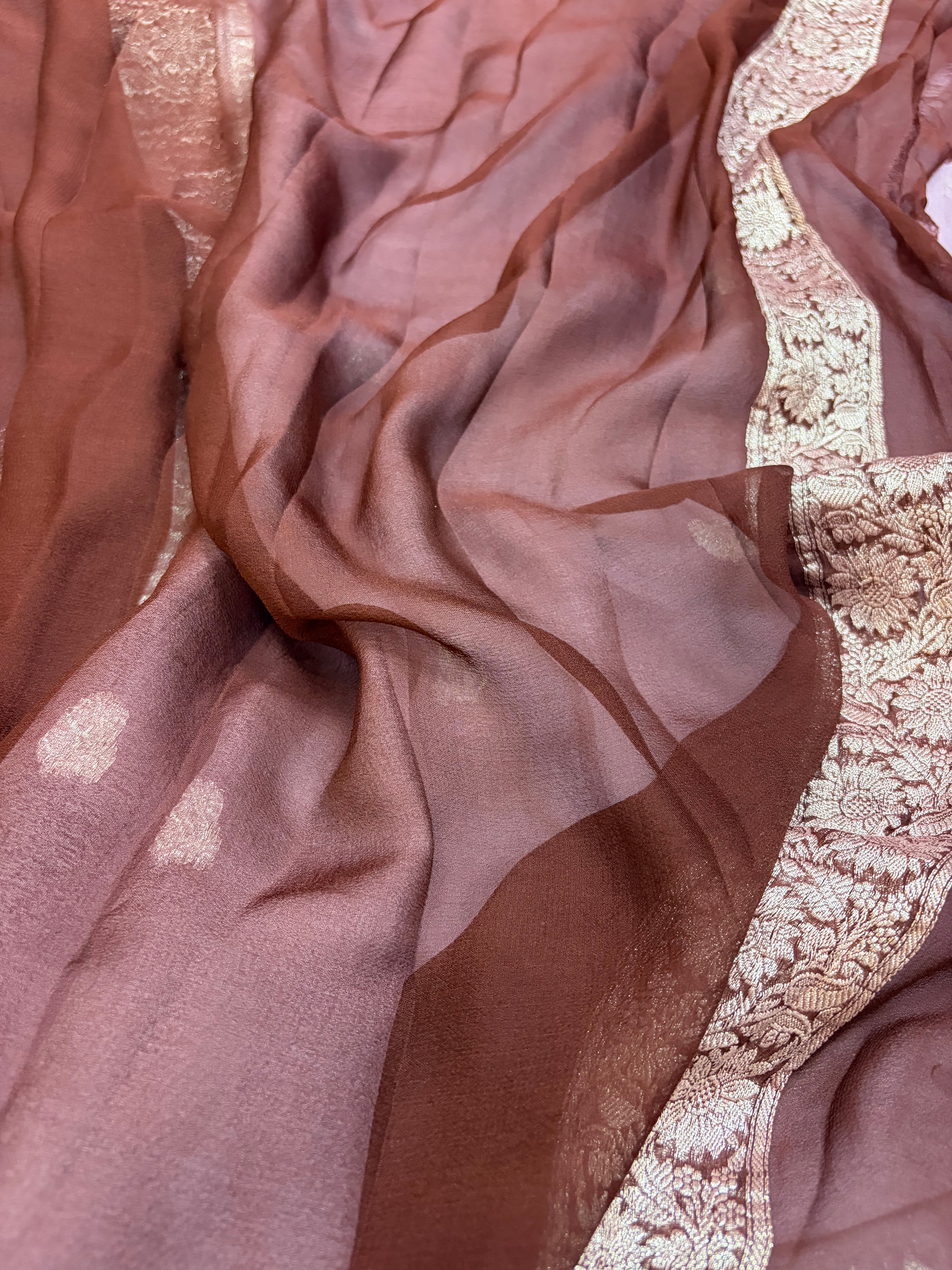 Pure khaddi chiffon saree in dark tea rose with chocolate brown colour