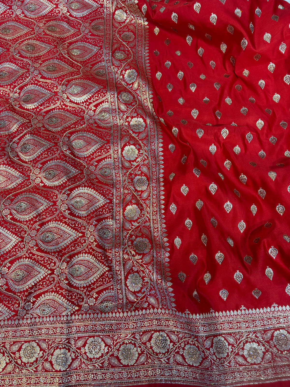 Bridal Banarasi satin Katan silk sarees in blood red colour with all over Swarovski work
