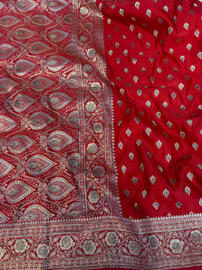 Bridal Banarasi satin Katan silk sarees in blood red colour with all over Swarovski work