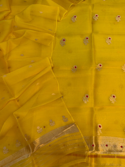 Pure Handloom Kora silk suit set in yellow colour