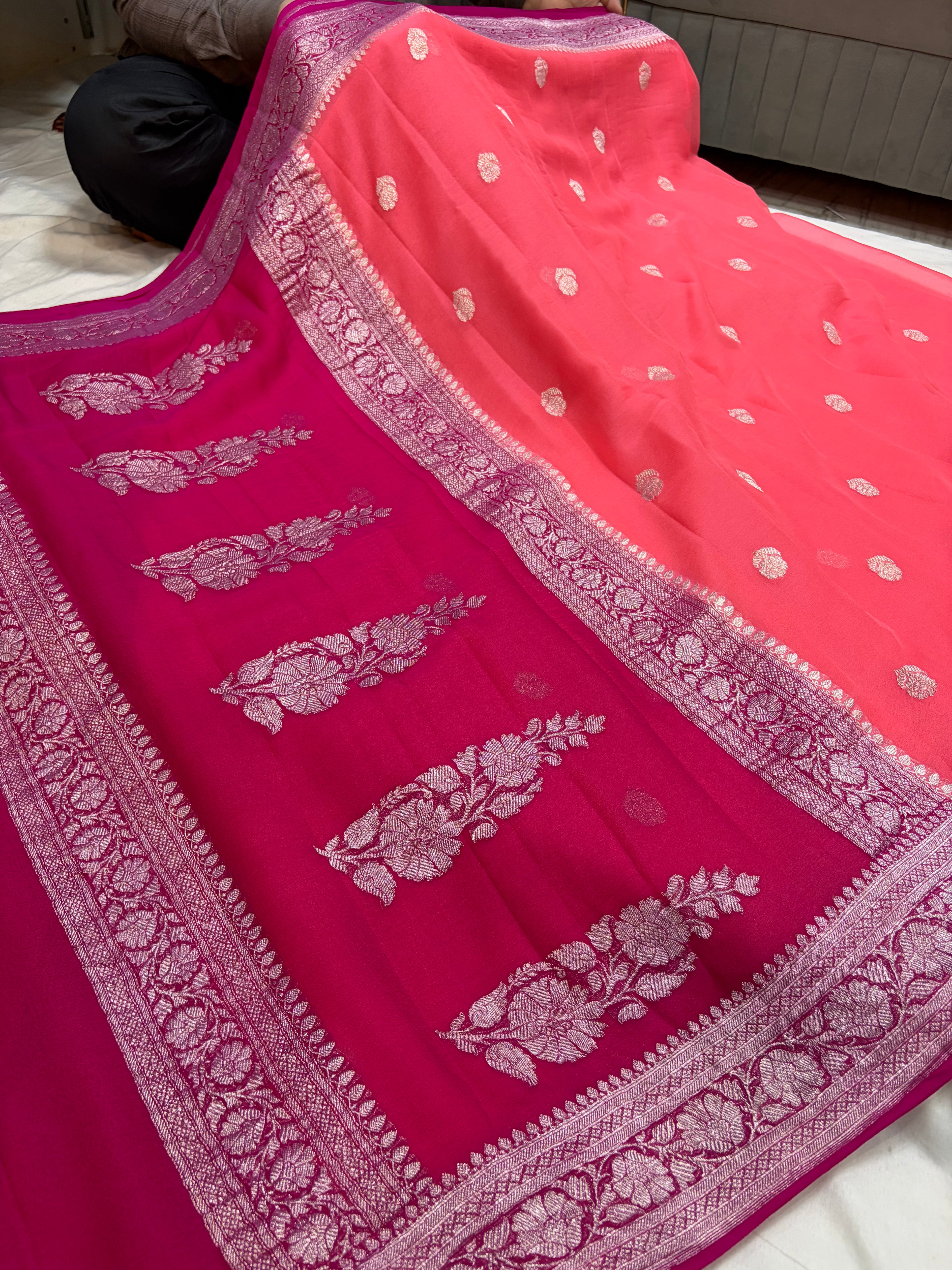 Beautiful Pure khaddi chiffon saree in beautiful contrast colour