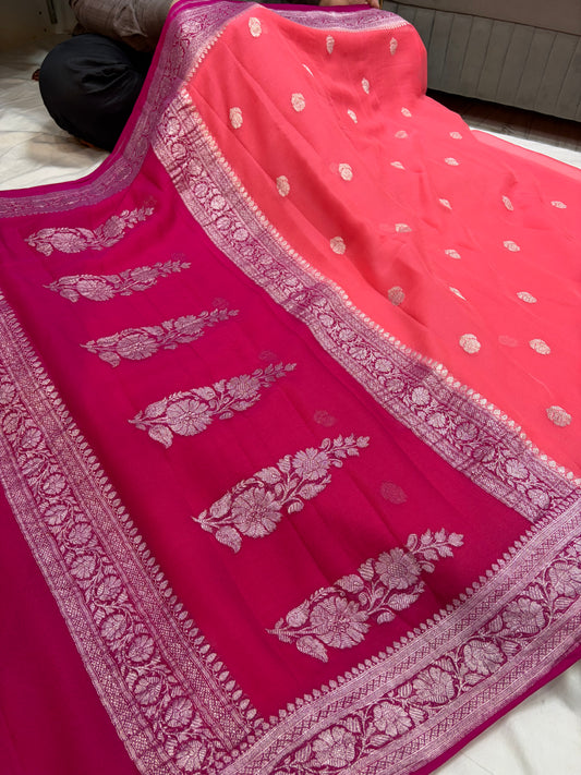 Beautiful Pure khaddi chiffon saree in beautiful contrast colour
