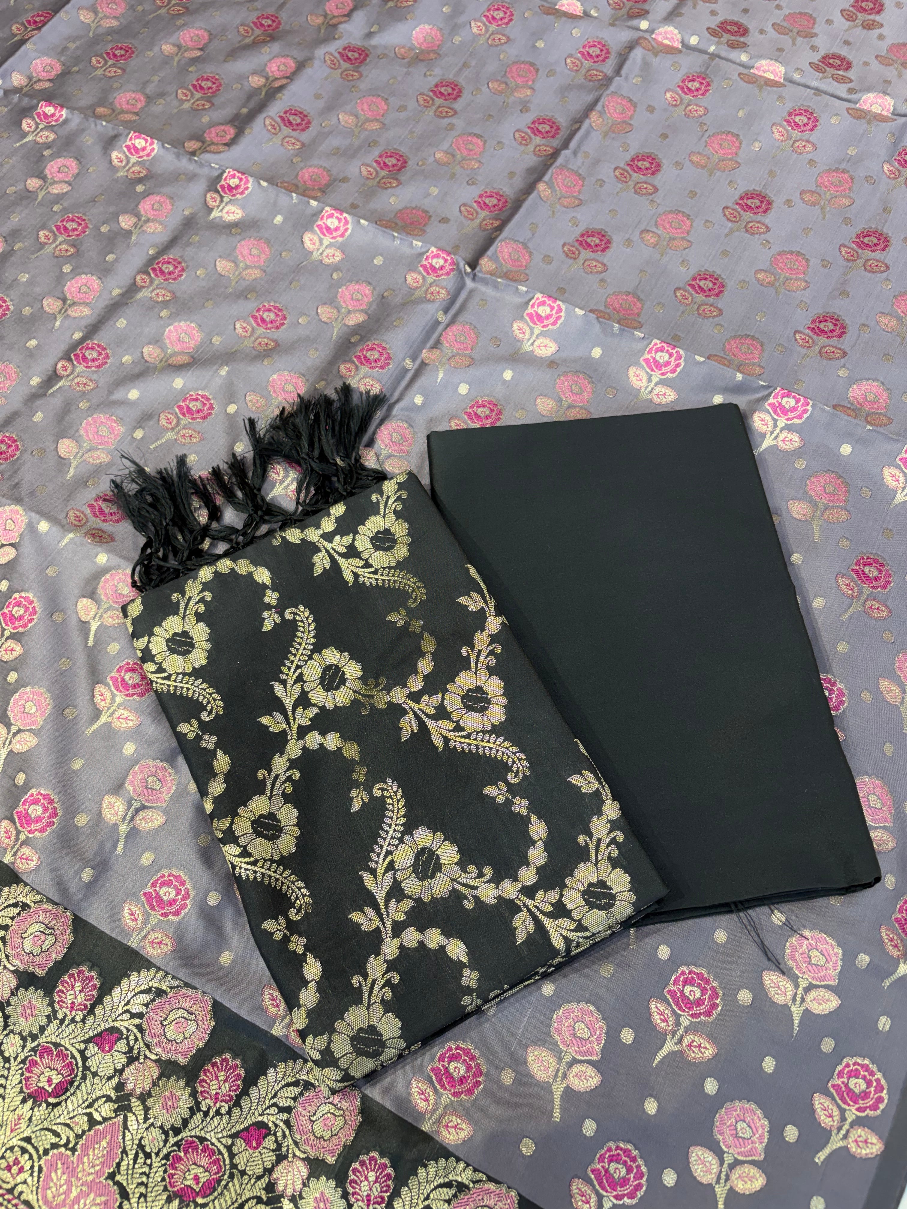 Banarasi soft silk suit in powder  with black colour