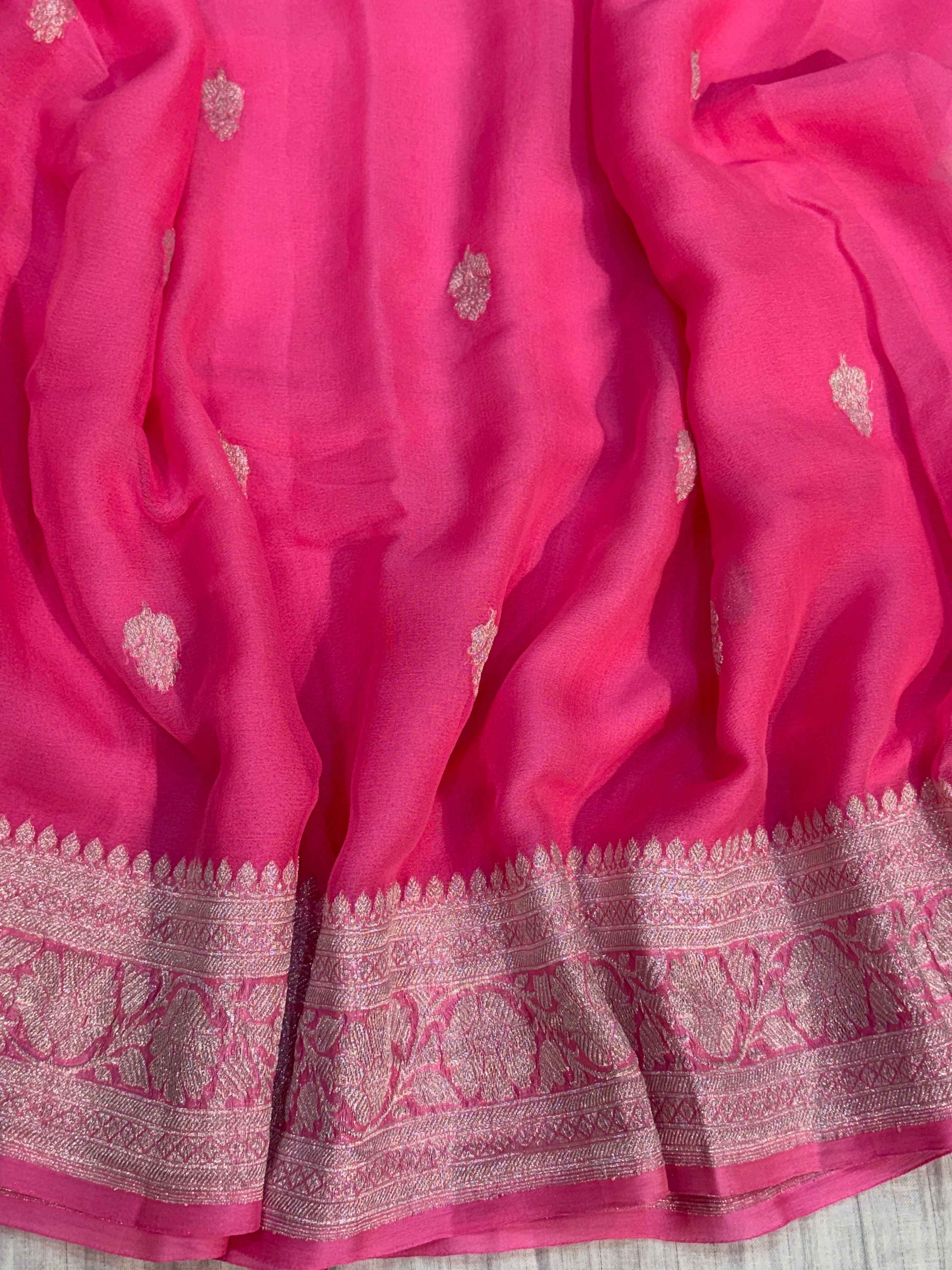 Pure khaddi chiffon saree in fuchsia pink colour