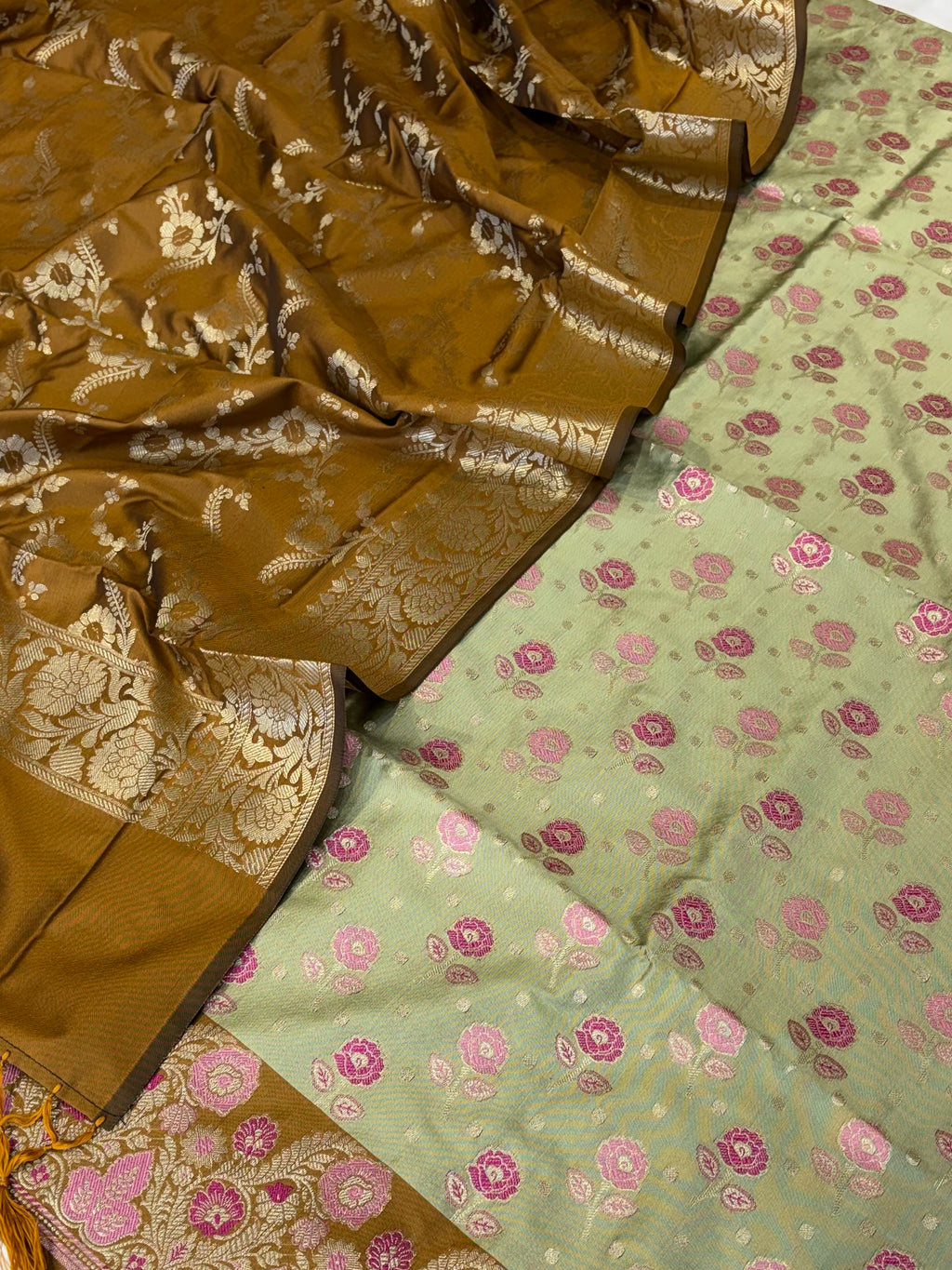 Banarasi soft silk suit in pista with mustard colour
