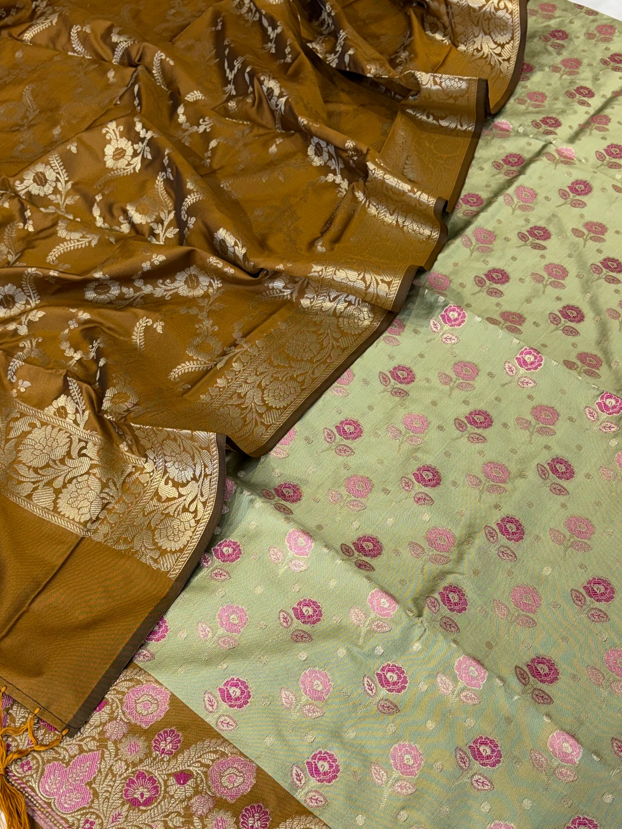 Banarasi soft silk suit in pista with mustard colour